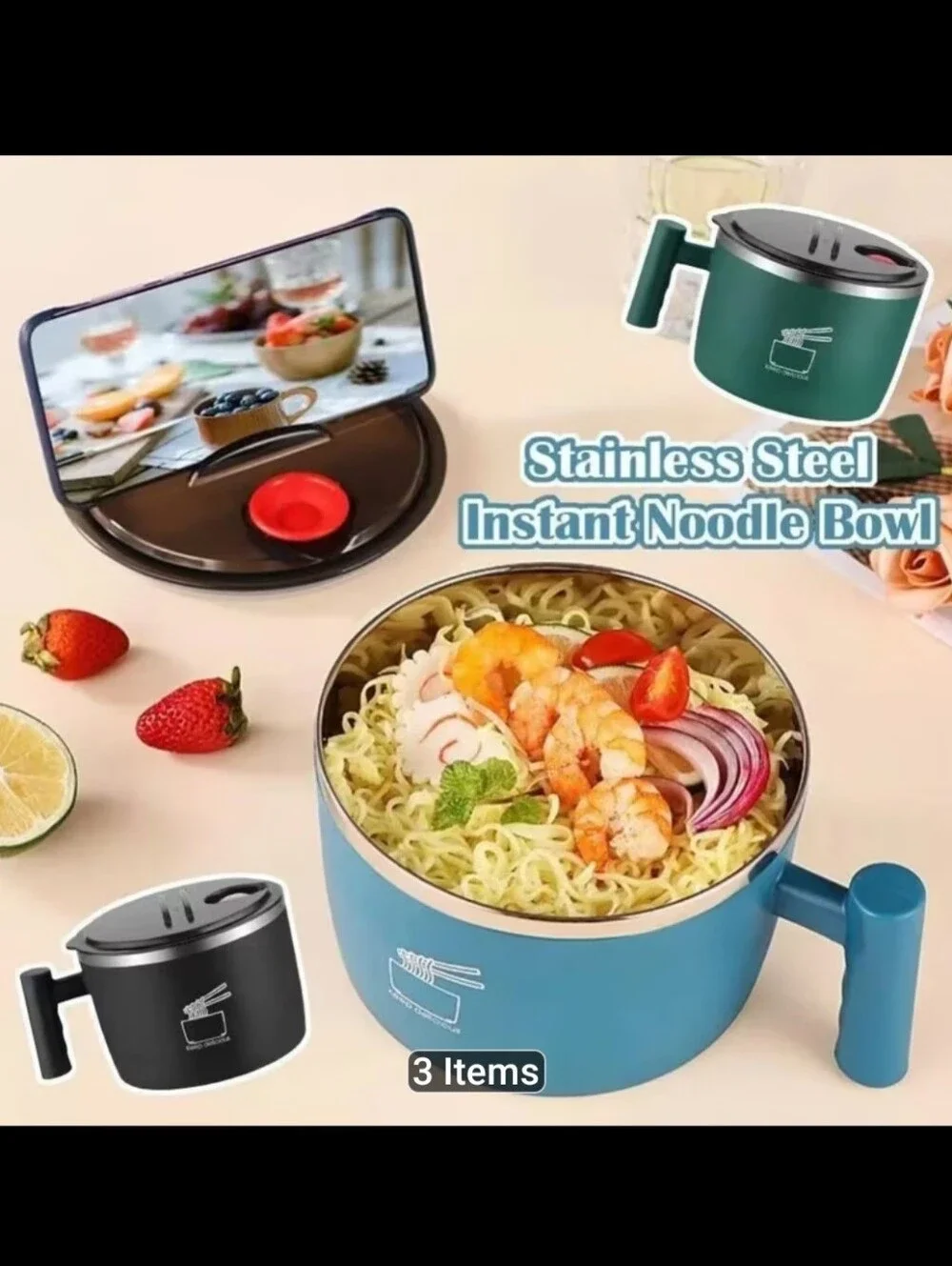 Blue Stainless Steel Noodle Bowl with Handle and Steam Vent